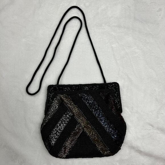 Vintage Beaded Evening Bag Black Rainbow Shoulder Purse Garfinckel's Pocketbook - Picture 9 of 12